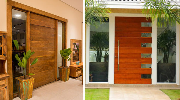 imagem com dois modelos de portas de alumínio com pintura amadeirada