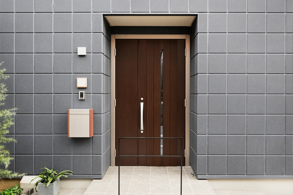 A imagem mostra um exemplo de uma porta ACM pivotante.